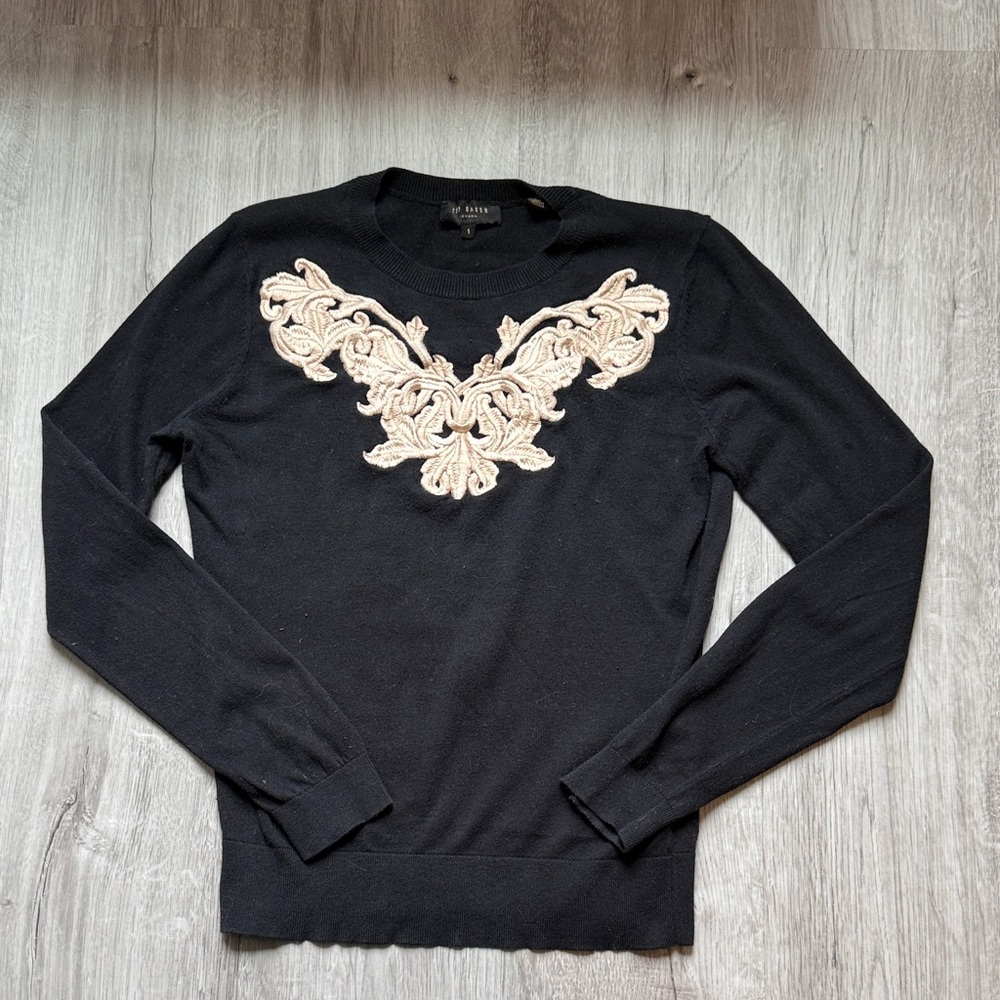 Ted Baker London Black Sweater with Gold Cream Embroidery